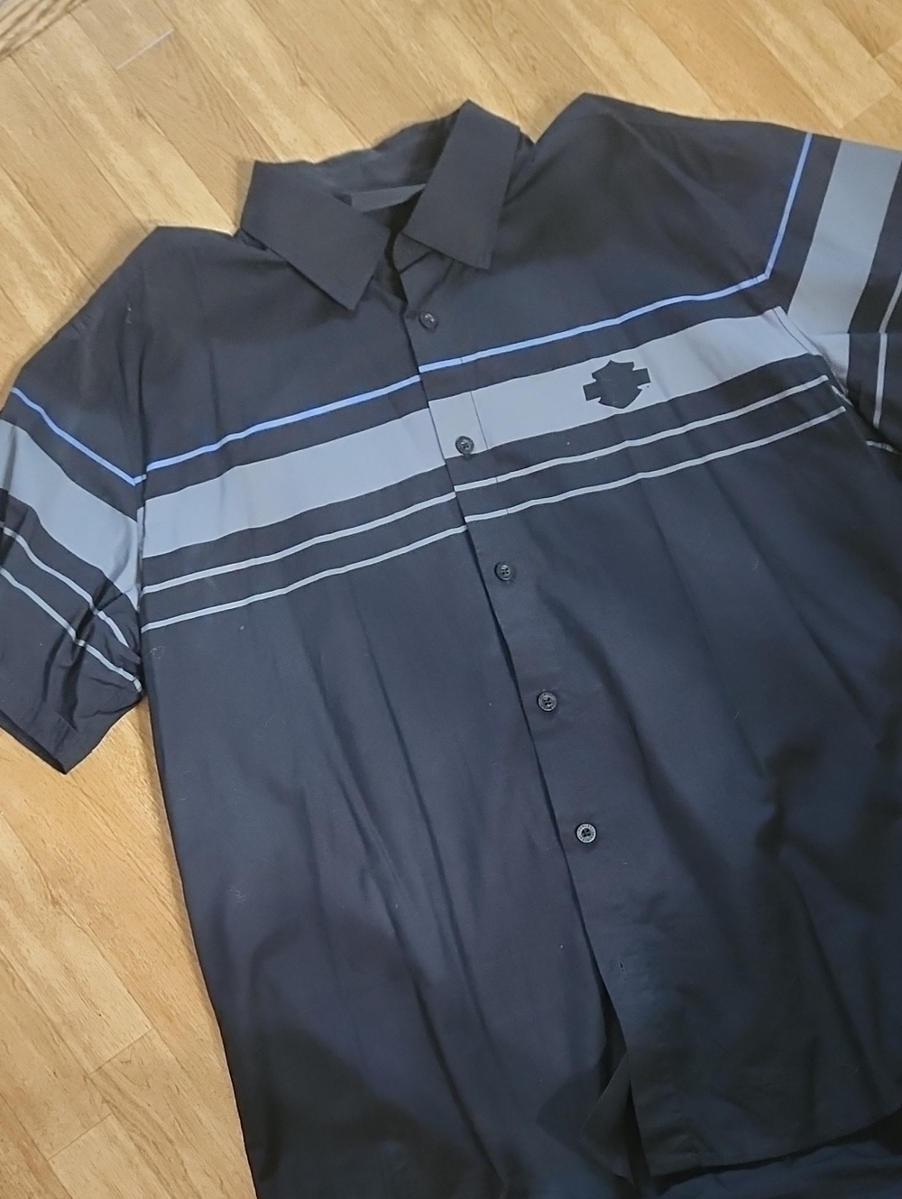 Harley-Davidson Black Short-Sleeve Button-Down Shirt with Gray & Blue Stripes